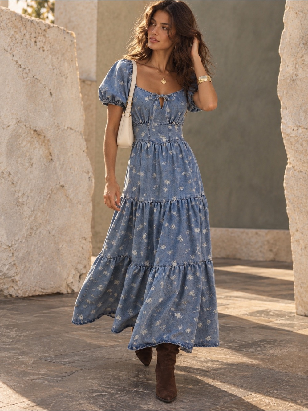 August Sky Floral Denim Midi Puff Sleeve Tiered Dress Blue, Size S